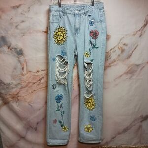 Shein Distressed Floral Sun Painted Jeans
